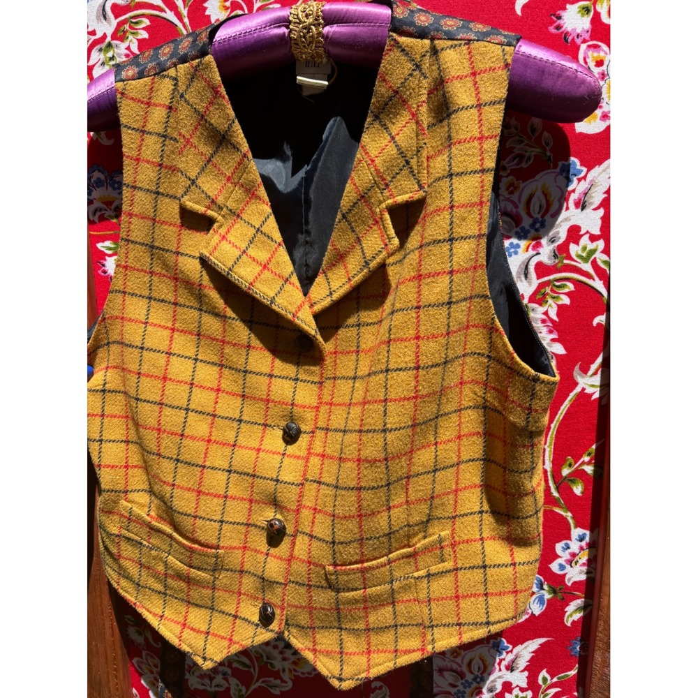 Vintage Gap Mustard Yellow Plaid Wool Blend Retro Equestrian Vest Women's Size M - Picture 13 of 16